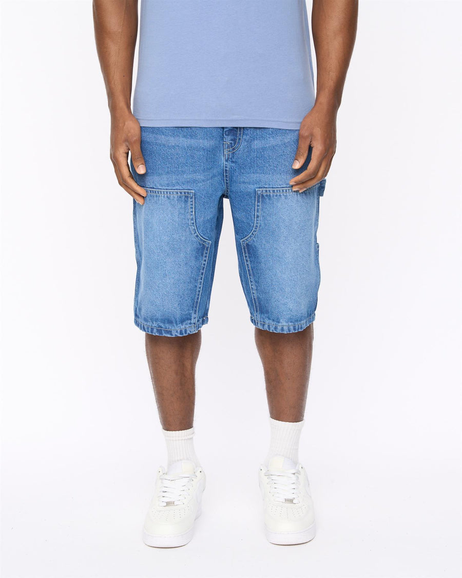 Mens Teleman Denim Shorts Mid Wash