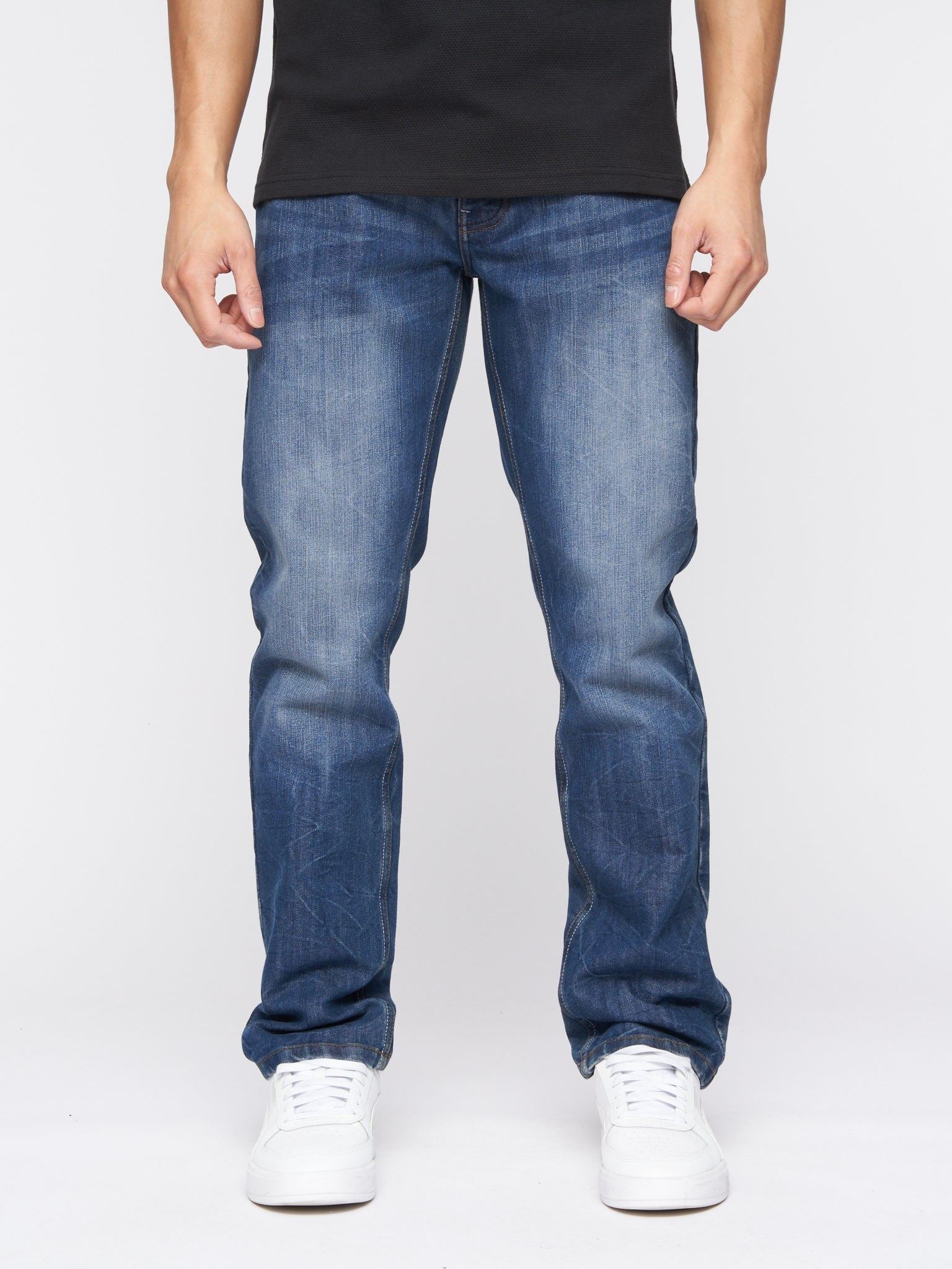 Mens New Embossed Techno Denim Jeans Stone Wash