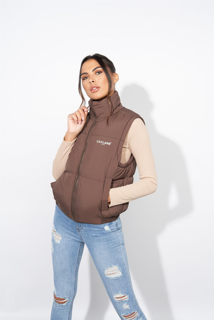 Ladies Lily Lane Jimena Crop Gilet Brown