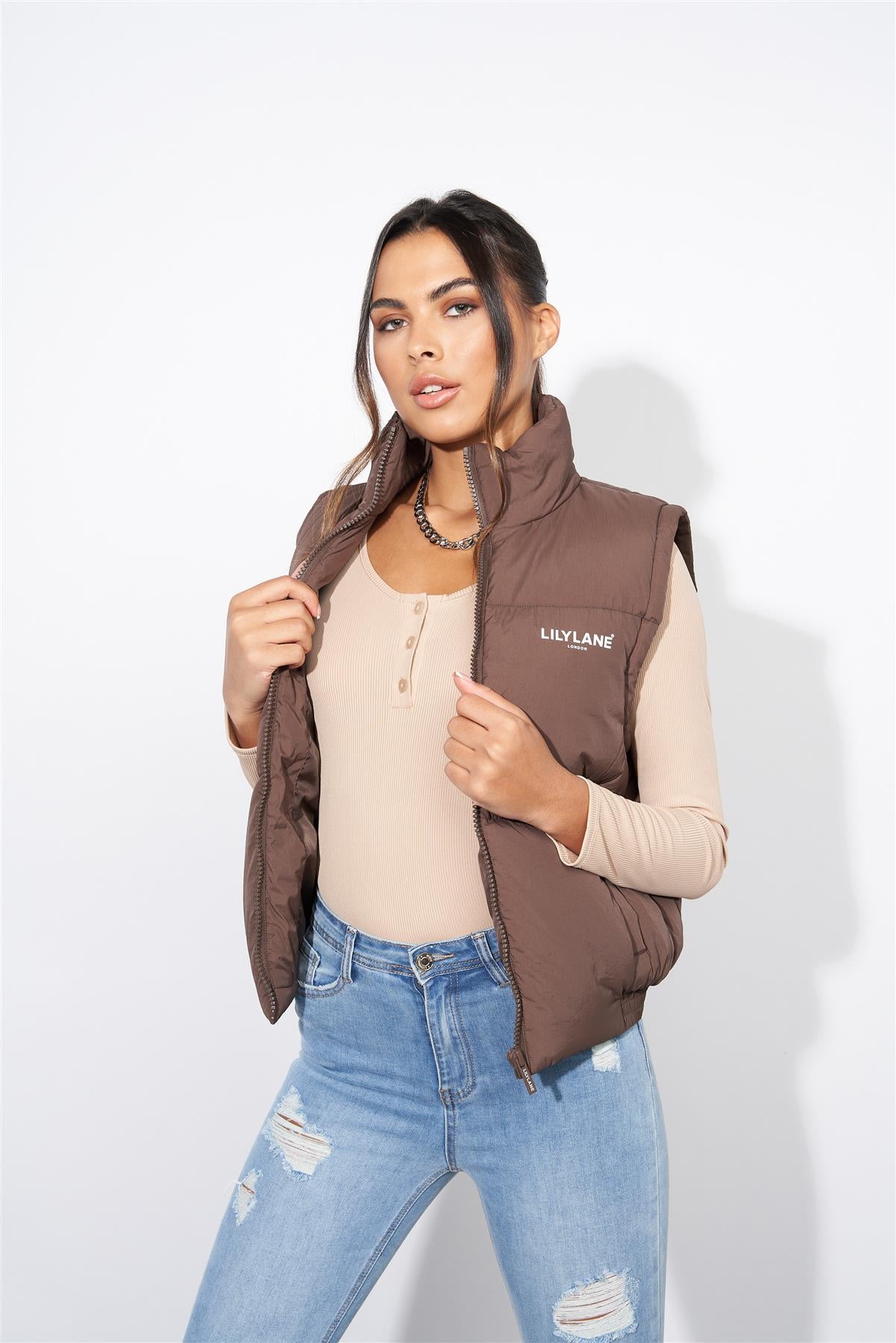 Ladies Lily Lane Jimena Crop Gilet Brown