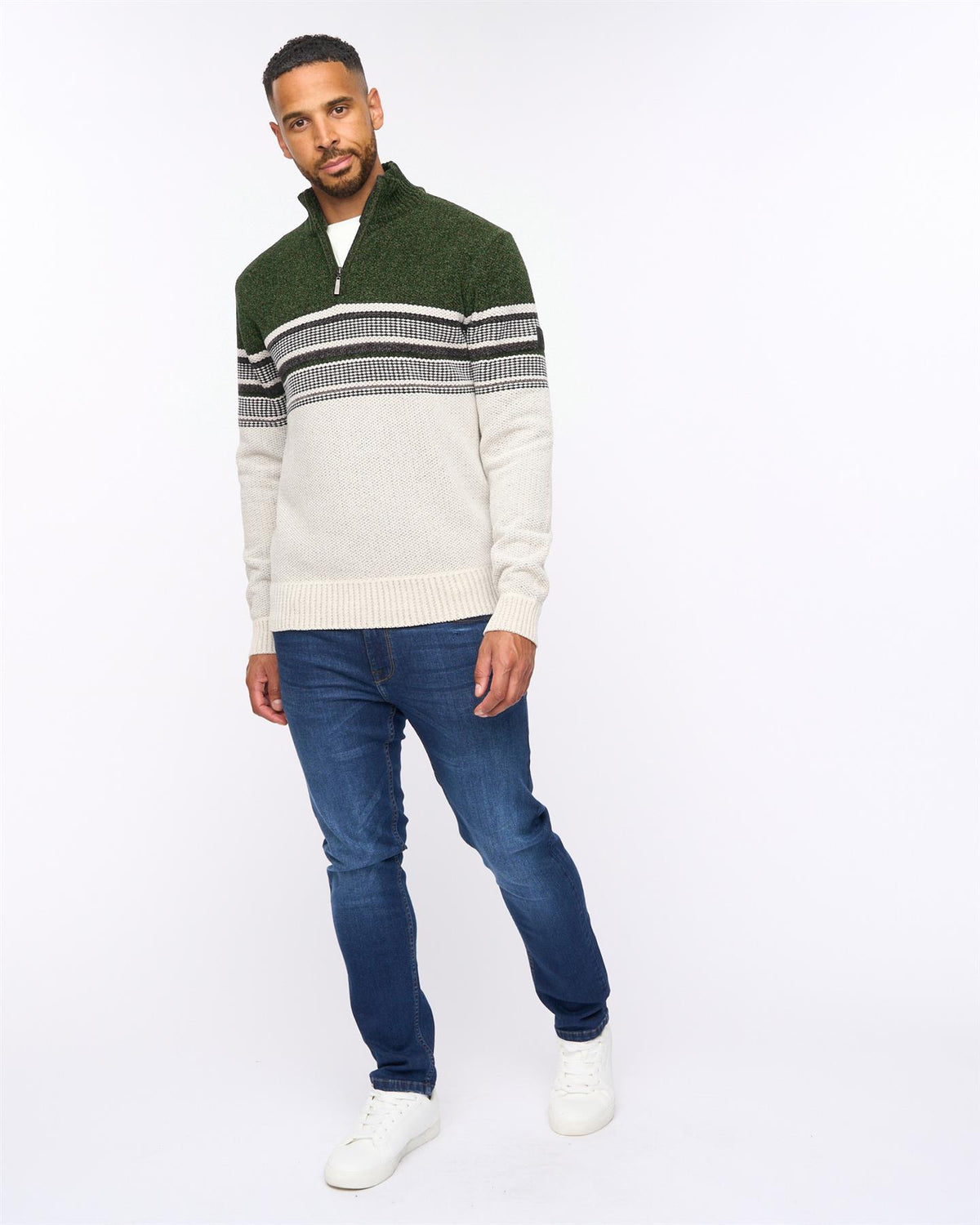 Feldstan 1/4 Zip Jumper Off White/Dark Olive