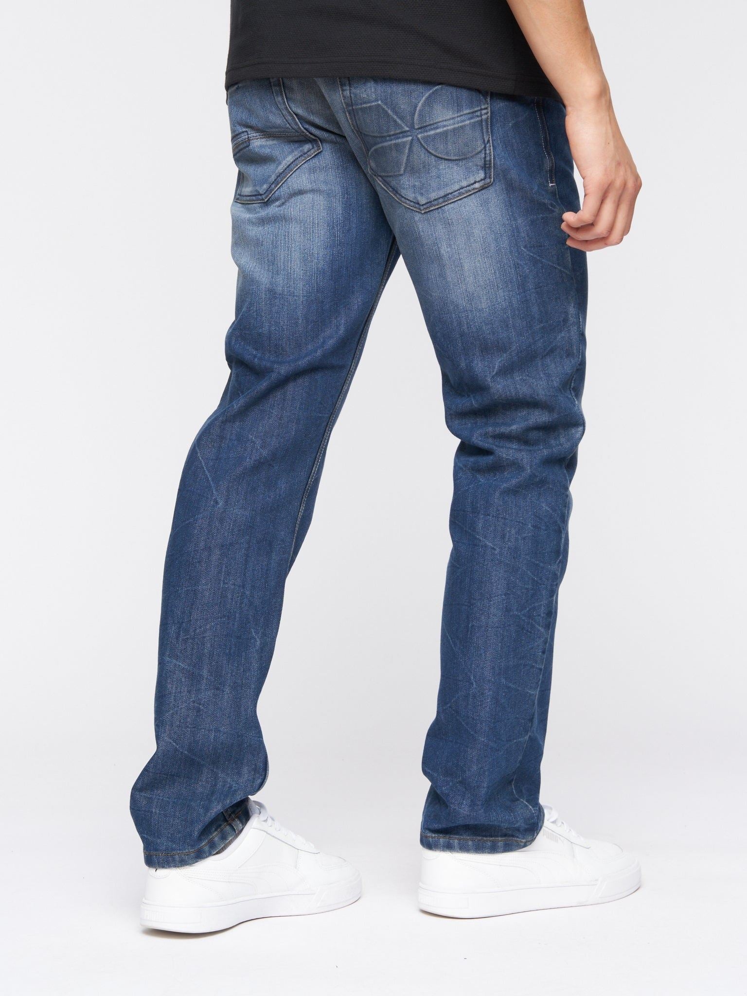 Mens New Embossed Techno Denim Jeans Stone Wash
