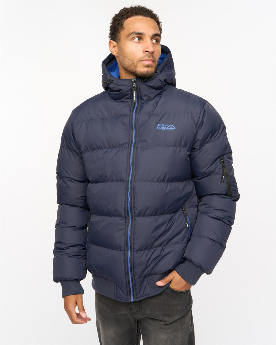 Mens Thinker Puffer Bomber Jacket Navy