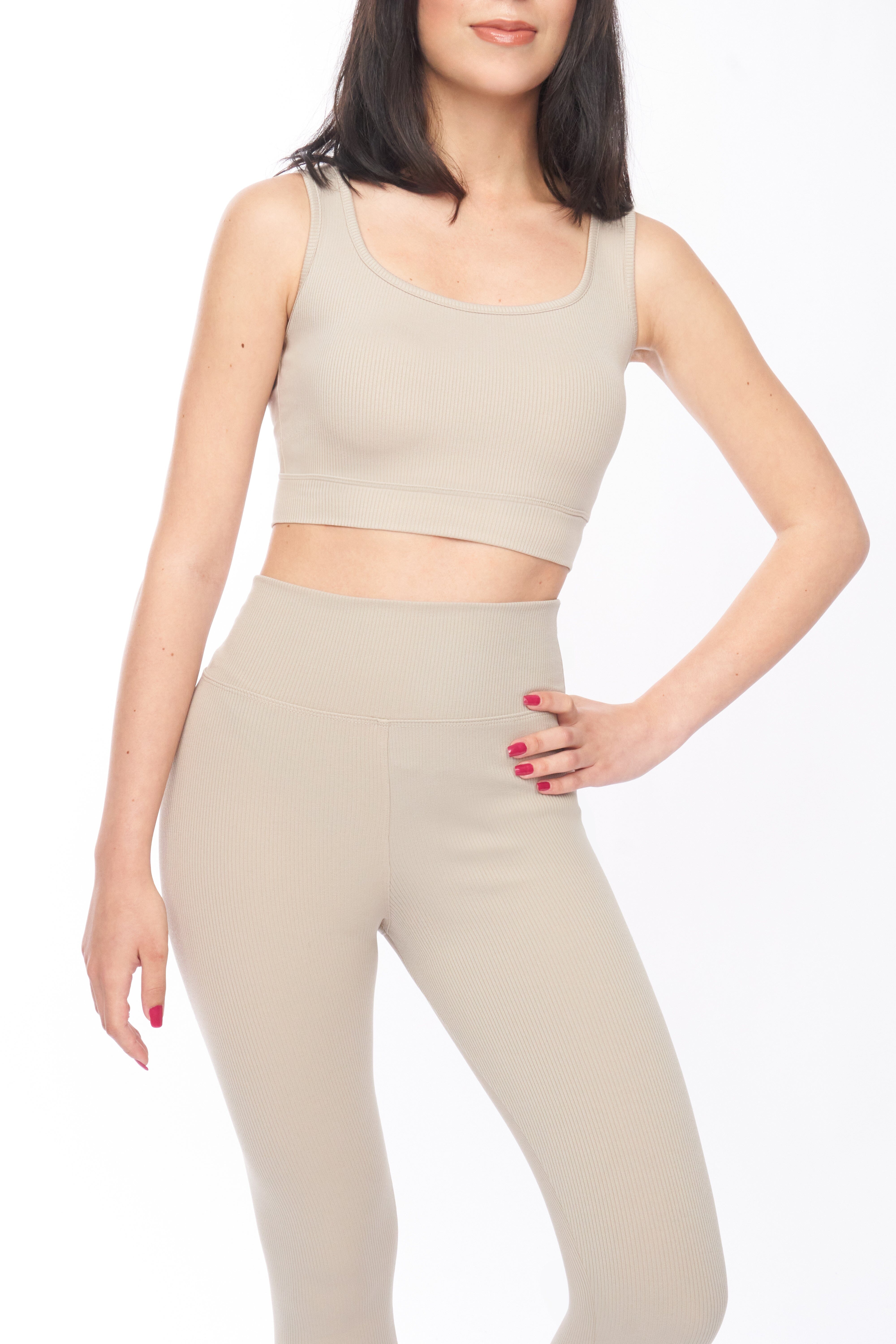 Womens Maside Ribbed Legging & Top Set Tan