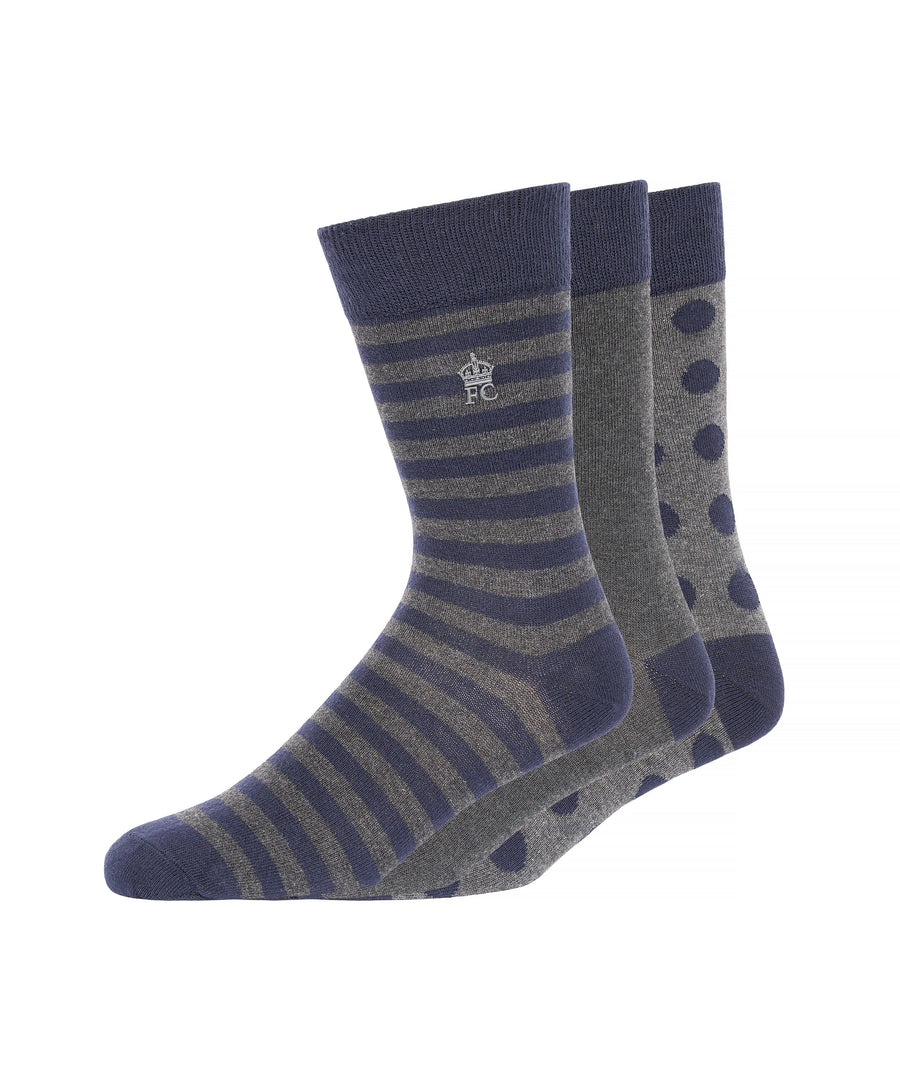 French Connection Dot and Stripe Socks 3pk Marine/Charcoal