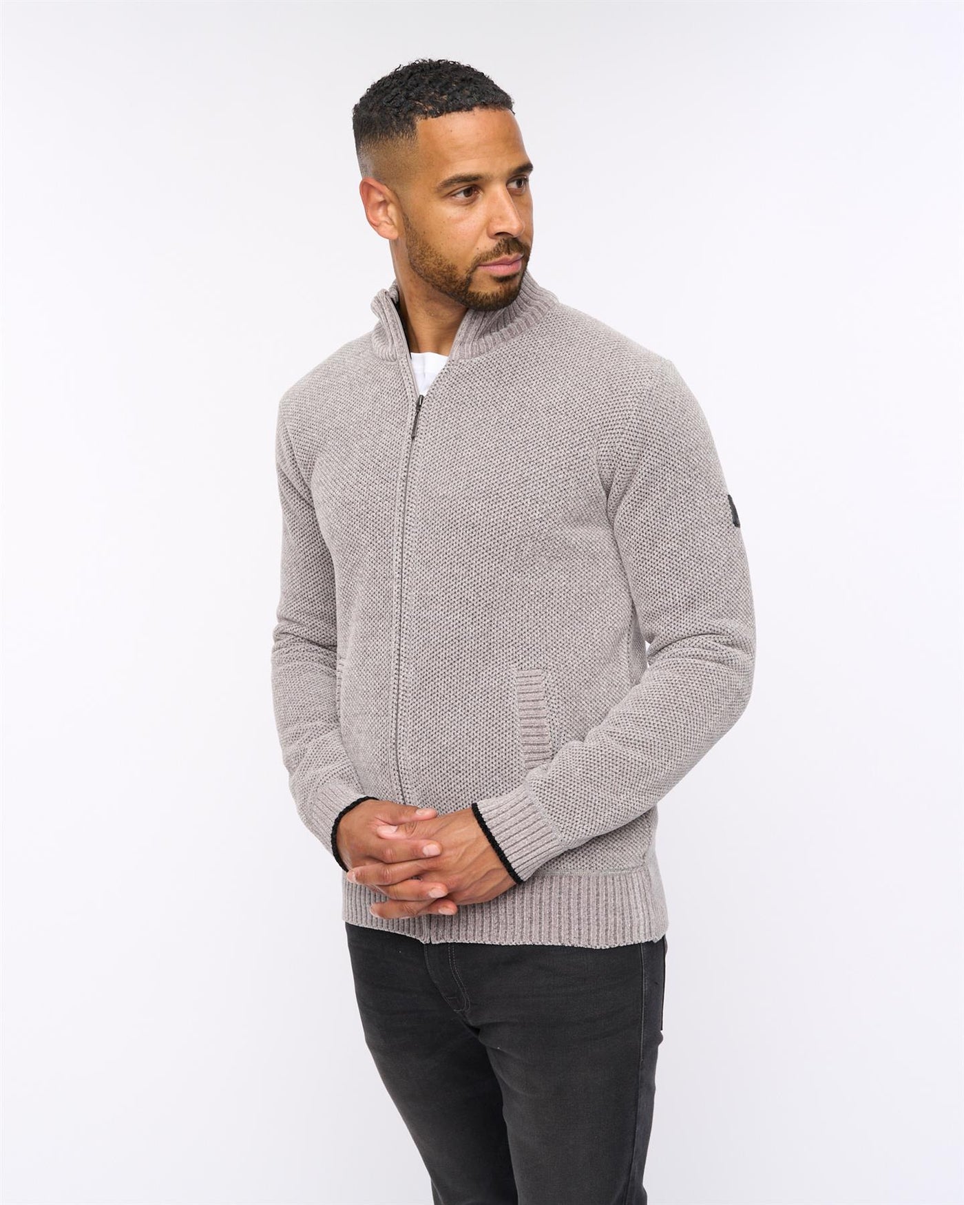 Mens Gladstone Funnel Kneck Zip Knit Light Grey