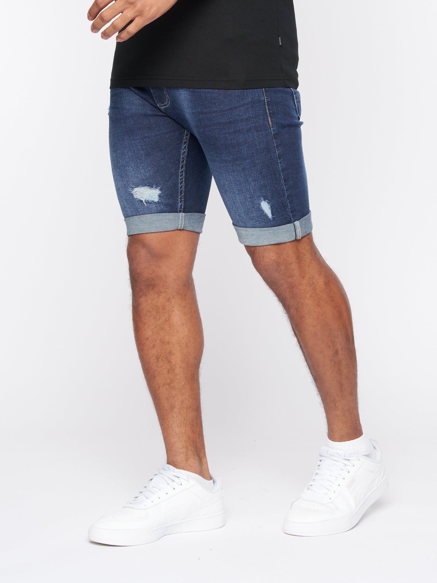 Mens Riptrey Abraised Denim Shorts Dark Wash