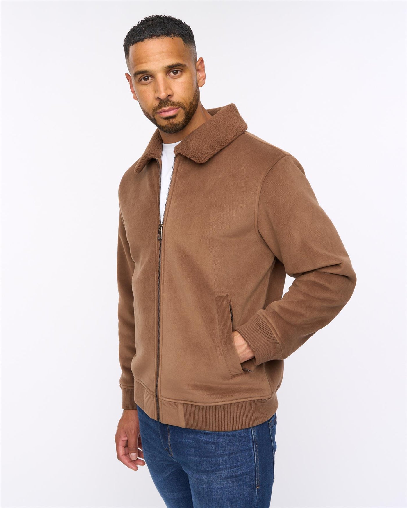 Lauwin Faux Suede Bomber Jacket Dark Tan
