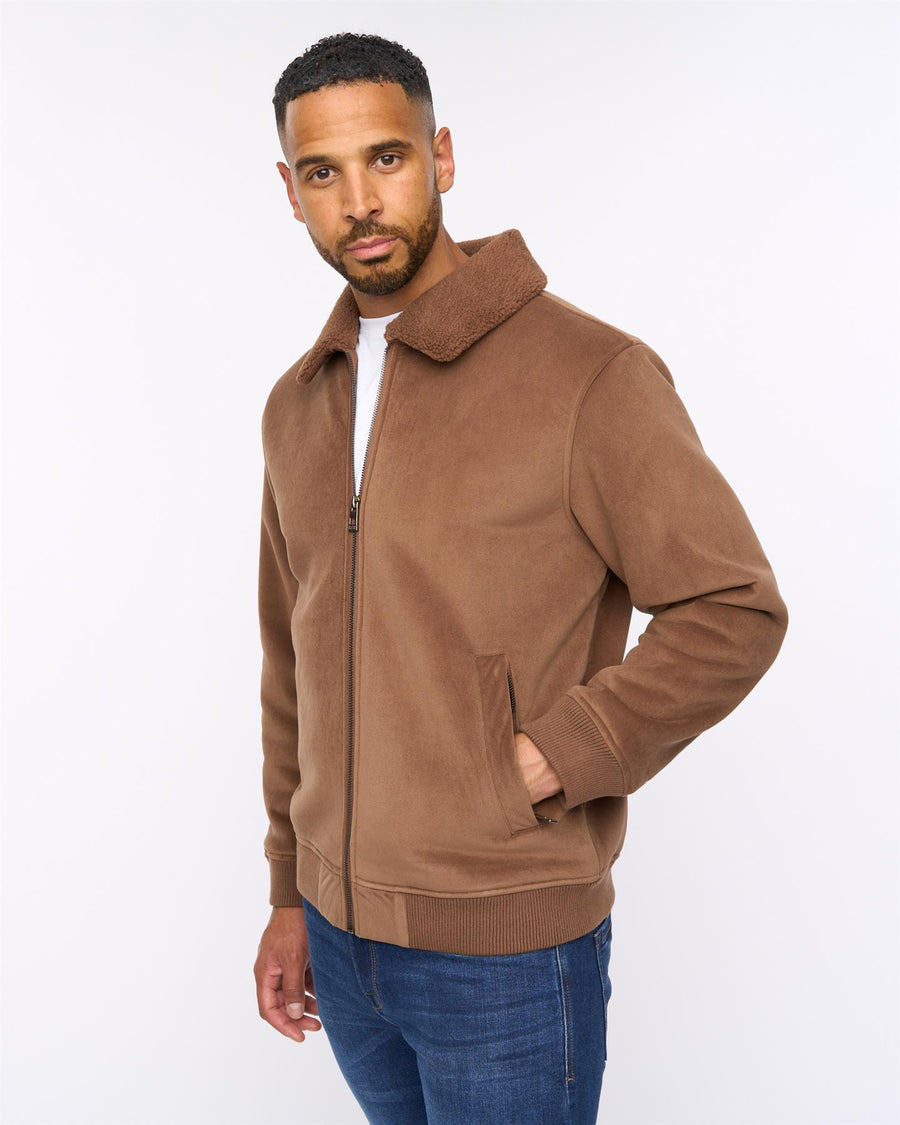 Lauwin Faux Suede Bomber Jacket Dark Tan
