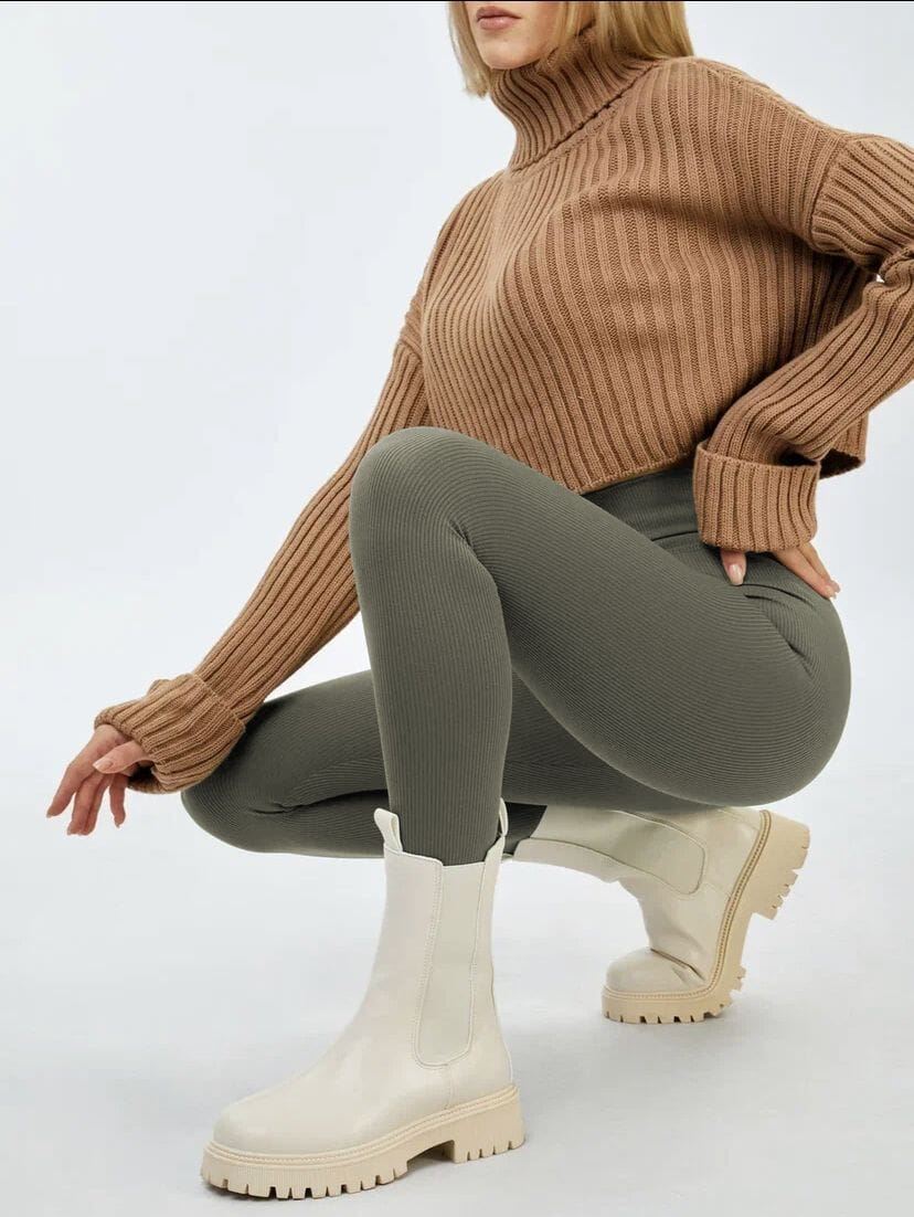 Womens Irem Fleece Lined Ribbed Leggings Olive