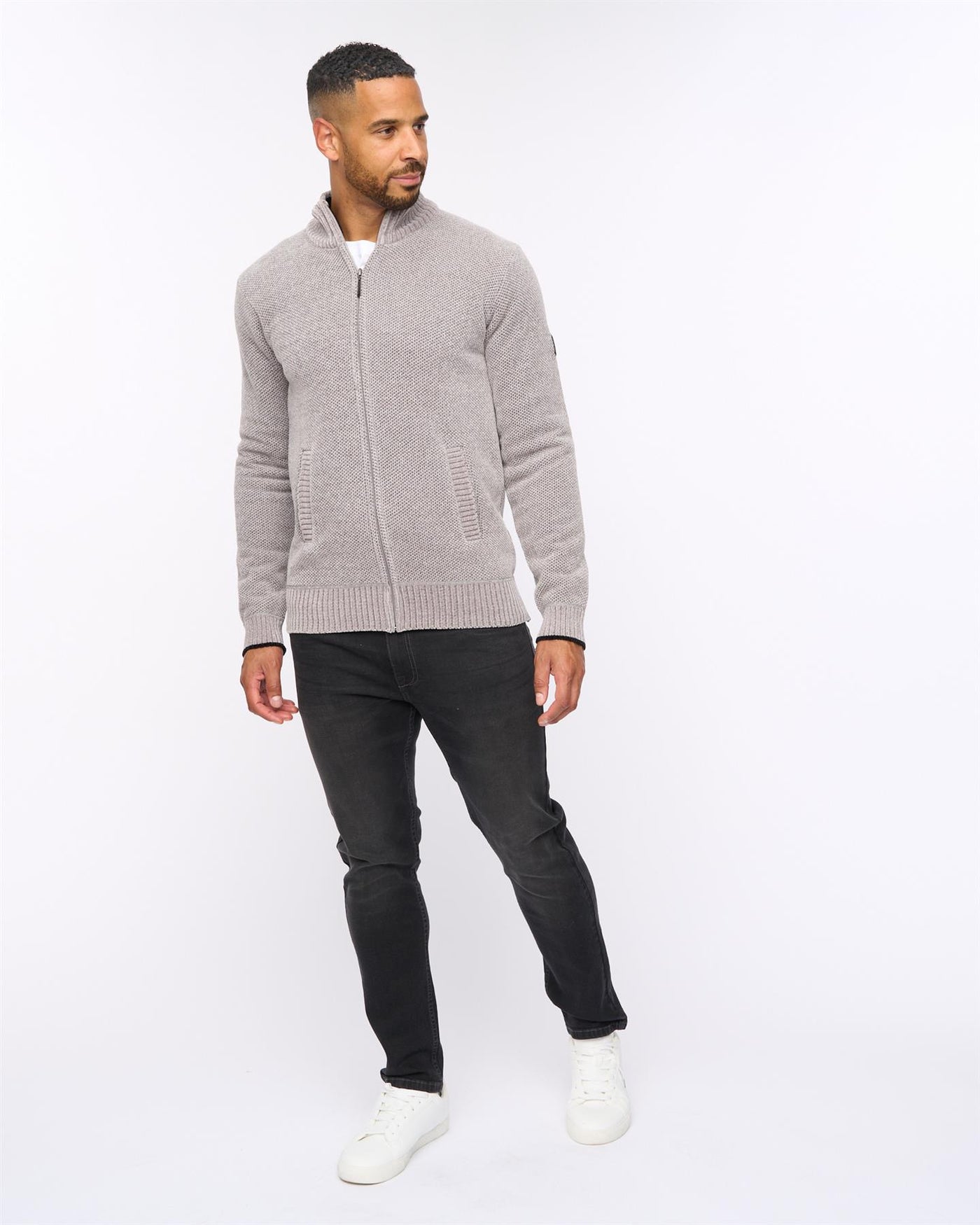 Mens Gladstone Funnel Kneck Zip Knit Light Grey