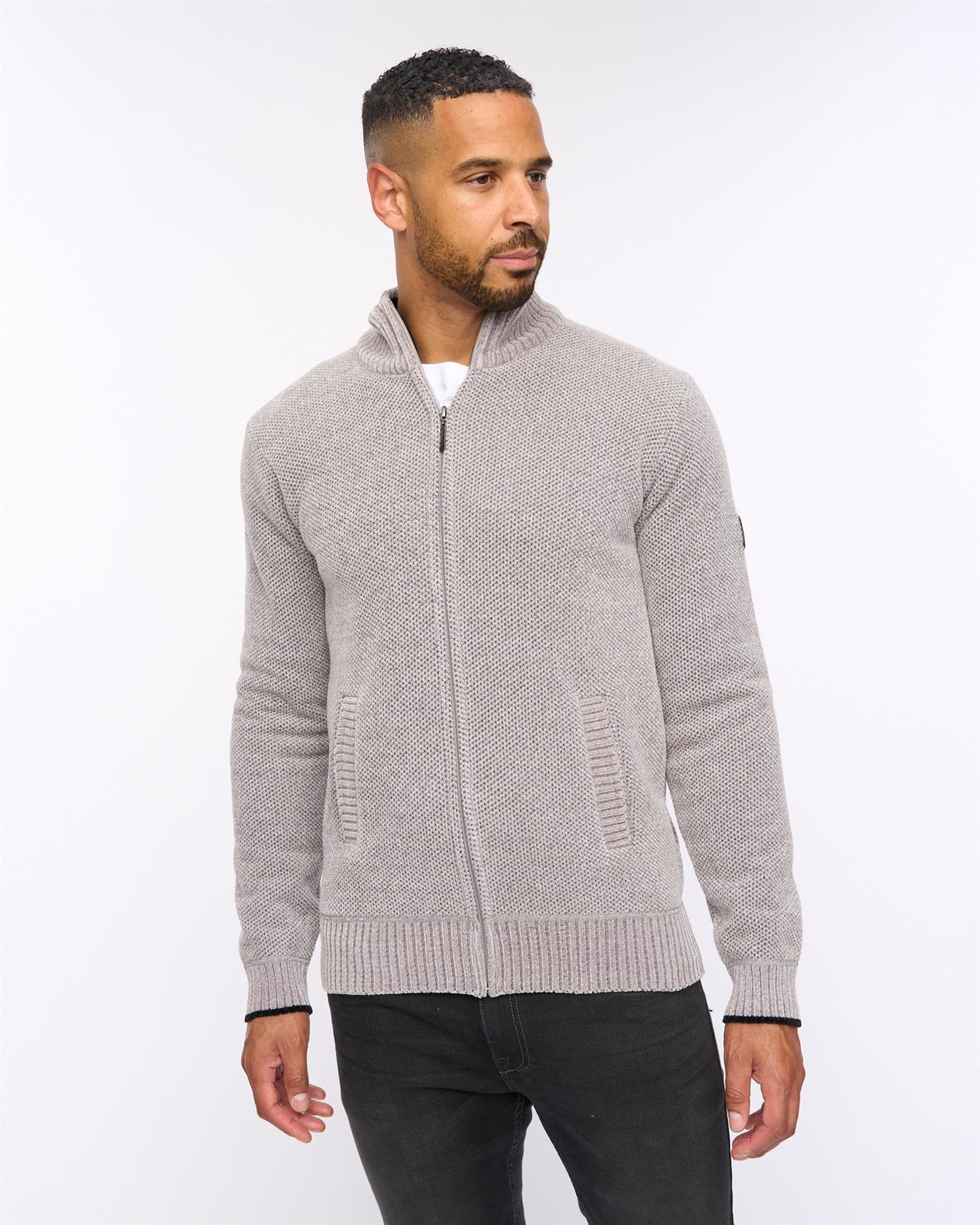 Mens Gladstone Funnel Kneck Zip Knit Light Grey