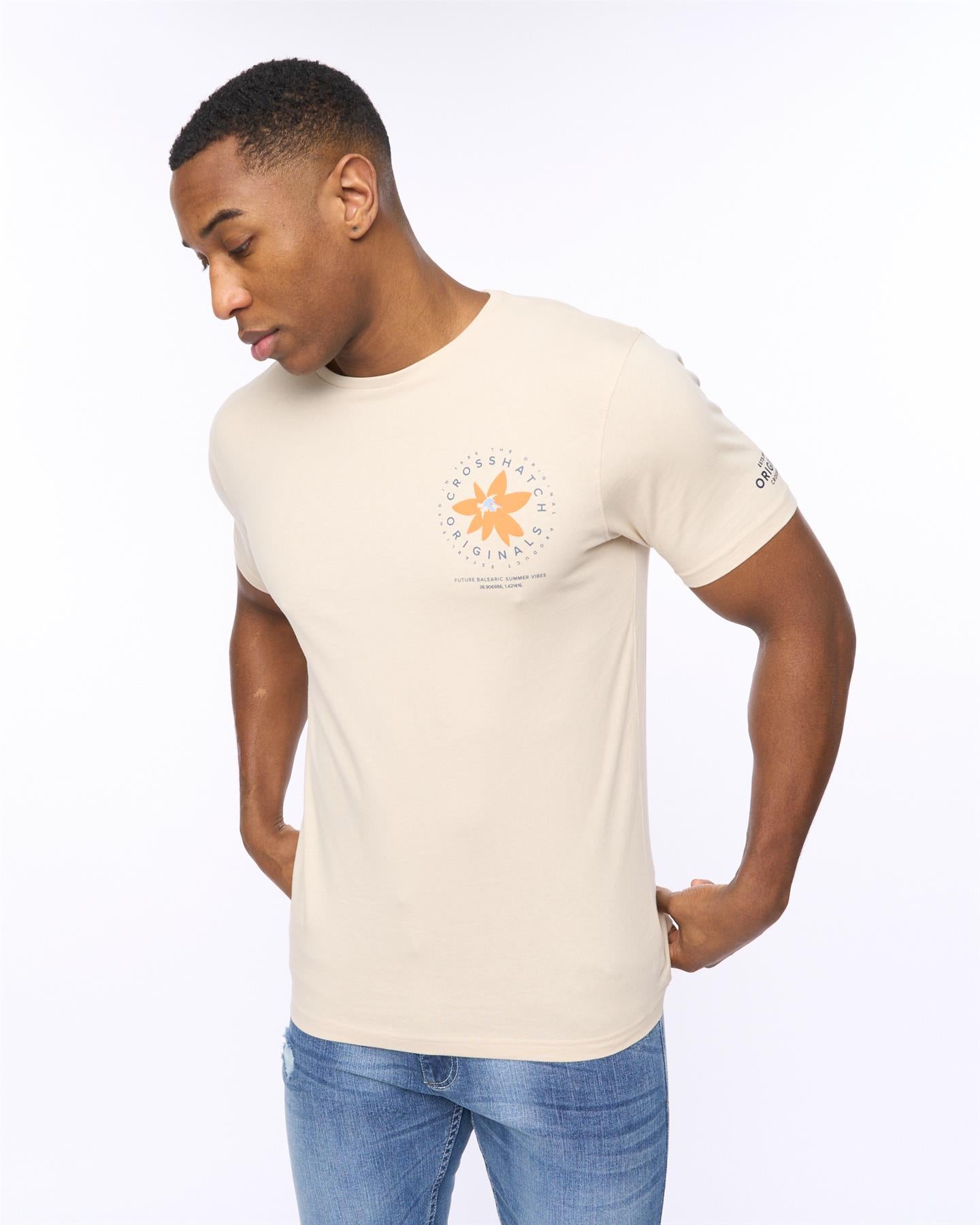 Mens Flowered T-Shirt Light Stone