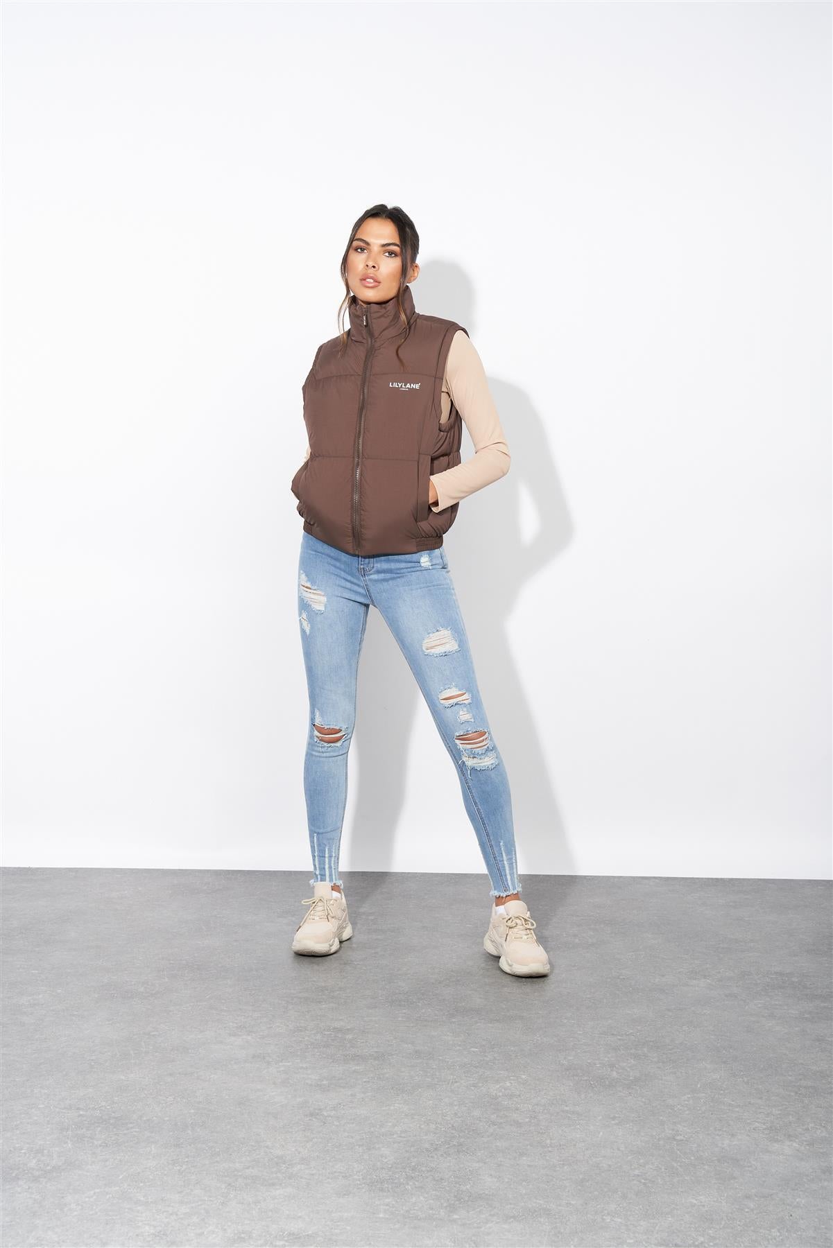 Ladies Lily Lane Jimena Crop Gilet Brown
