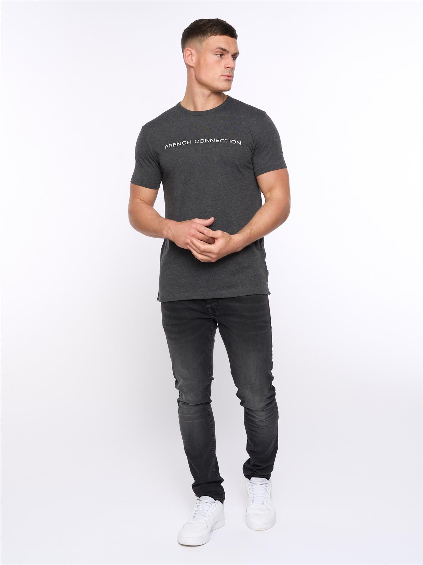Mens French Connection T-Shirt Charcoal Melange/White
