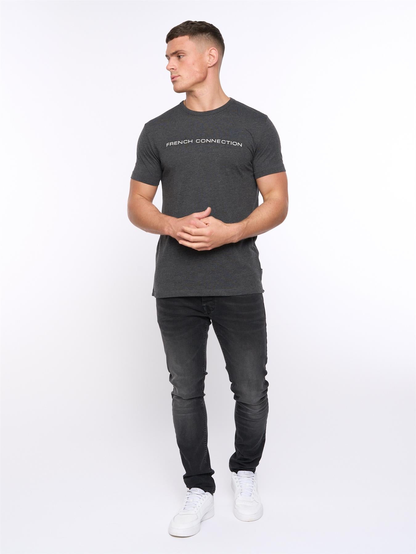 Mens French Connection T-Shirt Charcoal Melange/White