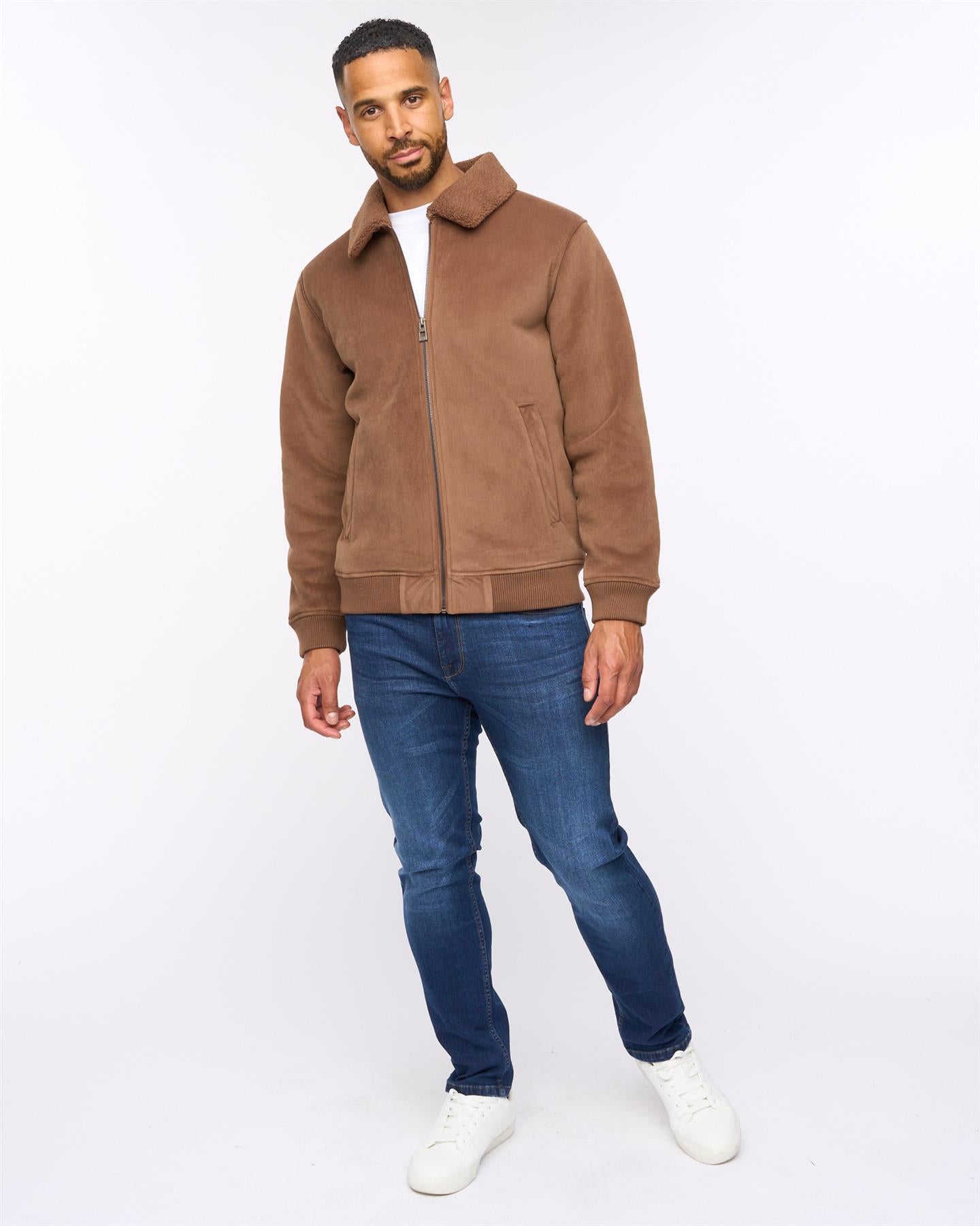 Lauwin Faux Suede Bomber Jacket Dark Tan